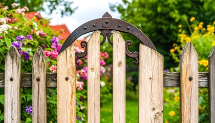 Fototapeta premium A weathered wooden garden gate, adorned with an ornate, rusted iron arch, leads through a vibrant flower garden.