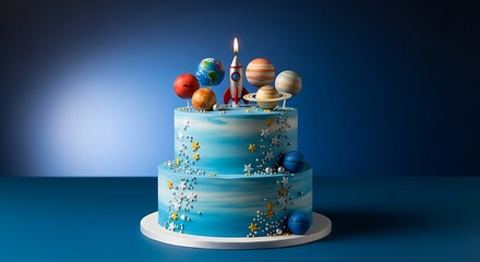 Cosmic solar system themed birthday cake with planets and a rocket ship topper.