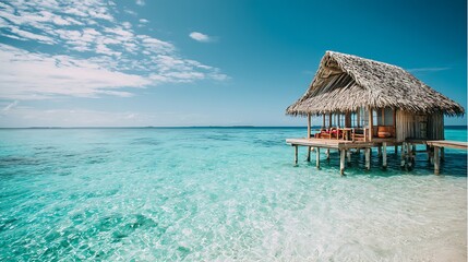 Tropical overwater bungalow with thatched roof on turquoise water offering a serene getaway with clear skies above Vacation bliss!