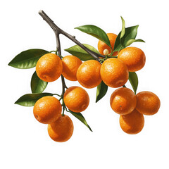 Vibrant oranges freshly picked from a branch with green leaves and transparent background