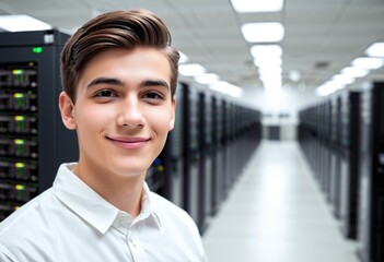 Fototapeta premium Portrait of a young male cybersecurity staff smiling against a blurred server room
