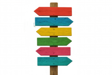 Wooden directional signpost featuring multicolored arrows, symbolizing navigation and travel choices against transparent backdrop