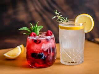 Artisan Berry Mint Cocktails with Fresh Lemon Garnish on Rustic Wooden Bar Surface