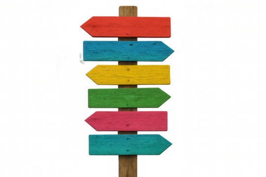Wooden directional signpost featuring multicolored arrows, symbolizing navigation and travel choices against transparent backdrop