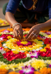 A person is seen with their hands carefully arranging vibrant, colorful flowers into a beautiful, circular floral pattern on the ground