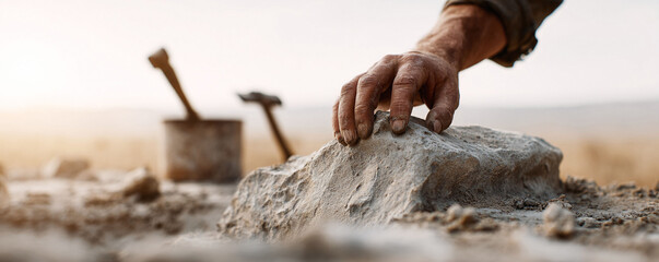 Detail shot of weathered hands on stone, tools in background. Symbolizes hard work, perseverance, and strength. Evokes resilience, determination and craftsmanship.