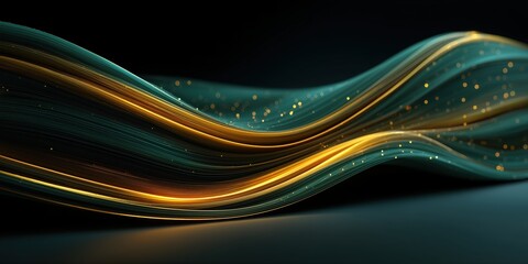 Golden and teal flowing ribbons with sparkling particles over deep gradient backdrop

