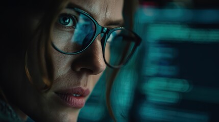 A focused woman with glasses looks at a computer screen displaying lines of code in a dimly lit environment