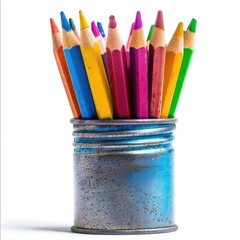 Assorted colored pencils clustered in a weathered blue tin can against a white background