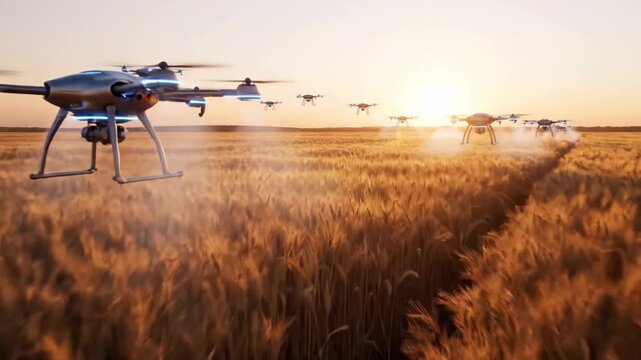 Agriculture drones spray over golden wheat at sunrise&mdash;precision farming, crop protection, smart agritech aerial application scene. generative AI