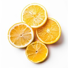 Close-up of four lemon slices, arranged in a cluster, atop a white background.  Bright yellow citrus fruit, juicy interior visible, circular shapes,  isolated,  food, fresh, healthy