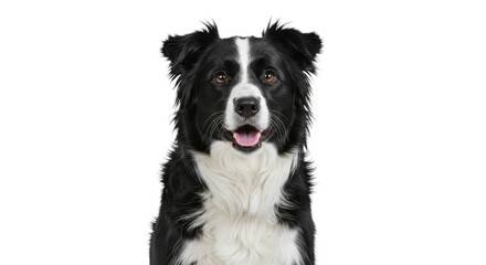 Fototapeta premium Black and white Border Collie dog, bright brown eyes, open mouth, immaculately clean fur against brilliant white studio background, copy space, concept of loyal companionship