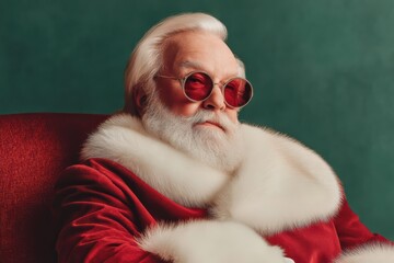 Stylish Santa Claus wearing red sunglasses and a luxurious red suit with white fur trim, seated confidently against a green background