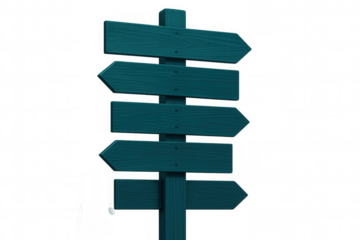 Wooden directional signpost featuring five arrows pointing diverse ways, standing against transparent background