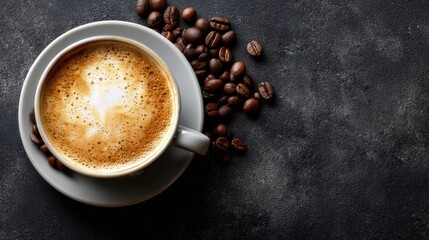 Topdown view of cappuccino in white cup on wooden table
