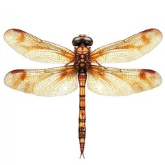 Detailed close-up of a dragonfly, showcasing its delicate wings and segmented body, in warm, amber tones against a pure white background