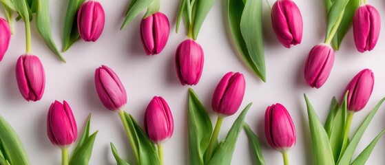 Obraz premium Pink tulips with green leaves arranged in a neat, repeating pattern on a white background