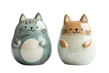 Cute ceramic cat figurines, decorative pottery pets on transparent background