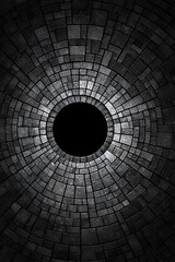 Dark gray background with mosaic texture and circular hole in center, black stone wall hexagonal pattern abstract 3d rendering illustration wallpaper design element.