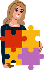 Businesswoman holding four colorful jigsaw puzzle pieces