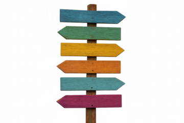 Wooden signpost with six colorful arrows pointing in various directions, isolated on transparent background, symbolizing multiple choices and decisions