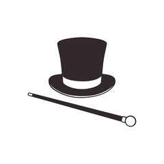 Top hat and cane on a white background. Stylized illustration. Vector graphics. Accessories.