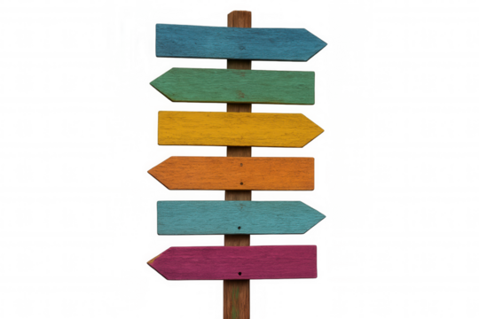 Wooden signpost with six colorful arrows pointing in various directions, isolated on transparent background, symbolizing multiple choices and decisions
