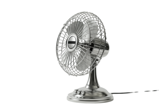 A pristine, retro-style metallic desk fan with shiny silver blades and control knobs on a transparent studio background with negative space, concept of enduring quality and timeless design