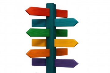 Colorful wooden signpost with blank directional arrows rendered in 3d, pointing toward multiple paths against transparent background, representing travel navigation possibilities
