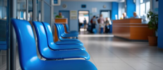 A row of empty blue chairs in a bright, clean waiting area with people and a reception desk in the background