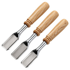 Wood chisel set of three with beveled edges, handles aligned tip-to-tail, isolated on transparent background.
