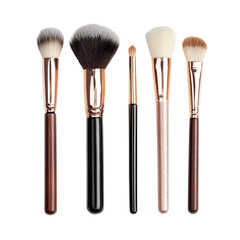 Minimal cosmetic brush set of five, neatly fanned with varied bristles, carefully isolated on transparent background.

