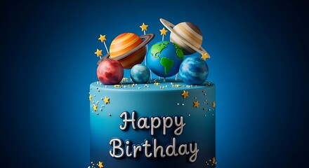 Happy Birthday Cake with Planets and Stars Decoration.