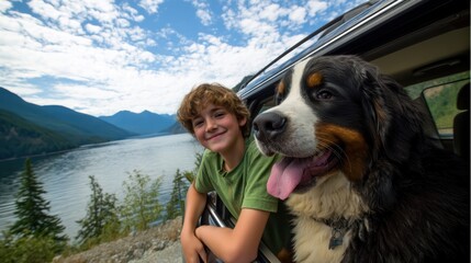 A smiling boy and a large dog lean out of a car window, enjoying a scenic lakeside mountain view under a partly cloudy sky