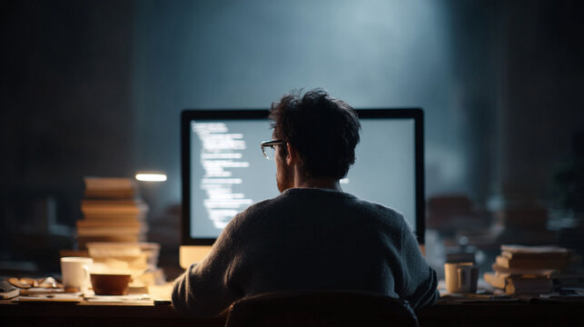 Back view of a focused coder working late on a glowing screen amidst a cluttered desk. Represents problemsolving, technology, diligence, and expertise. Perfect for illustrating tech stories.