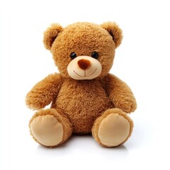 Obraz premium Brown teddy bear, seated, against white