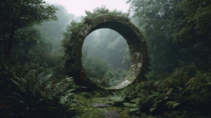 a circular window in the middle of a forest