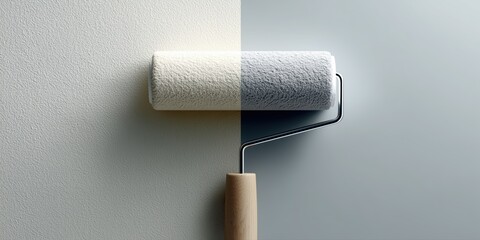 Obraz premium Paint roller mid-stroke on wall with white textured paint blending into smooth gray surface