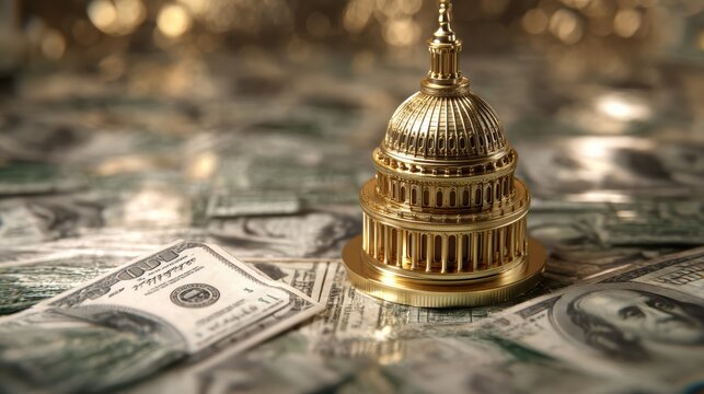 A golden Capitol dome model sits atop scattered US dollar bills, symbolizing the connection between government and finance