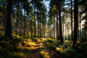 Fototapeta premium Forestry sunlit pine forest whispers like nature’s breath along a dirt path wide.