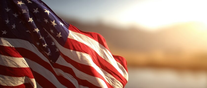 The American flag waving in the golden sunset over calm waterfront horizon