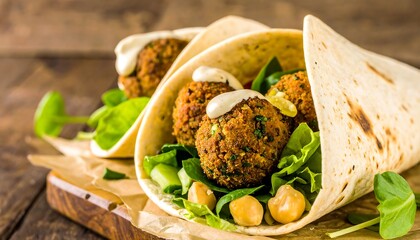 Three falafel wraps, filled with falafel balls, fresh greens, and chickpeas, presented on a wooden cutting board, highlighted by a creamy tahini sauce.
