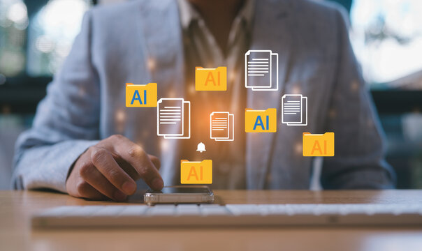 Businessman using smartphone and computer keyboard working with documents and ai icon in concept of ai agent and business technology