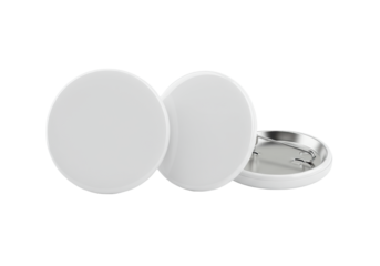 Two pristine, blank, round white badges, one front, one reverse with silver pin clasp, isolated on immaculate white background, ample copy space, Concept of branding and customization
