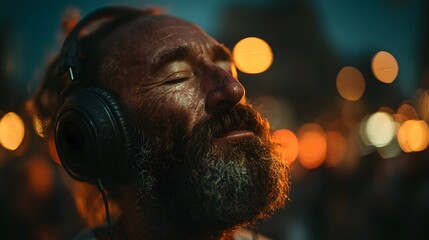 Serene, close-up photograph of a handsome man with a beard, eyes closed in blissful relaxation, listening to music on large headphones with a background of blurred city lights.