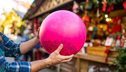 A person holds a large, vibrant pink ball at a festive Christmas market.