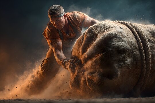Worker demonstrating strength by pushing heavy load collaboratively in industrial environment.