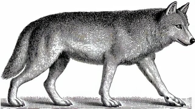 A black and white engraving of a side view of a gray wolf in a walking pose. The vintage style highlights the animal's posture and form.
