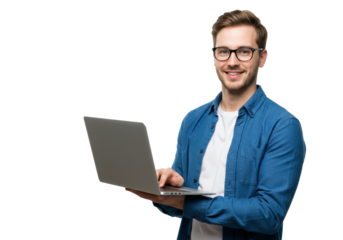Young caucasian man, late 20s, in blue overshirt and glasses, smiling confidently while holding a laptop, isolated on a bright white studio background with copy space, concept of digital connectivity