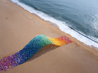 Aerial view of a vibrant rainbowcolored collection of plastic bottles cascading onto a sandy beach, symbolizing environmental issues, pollution, and the need for recycling and sustainability.